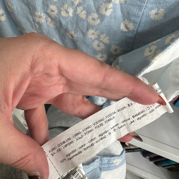 Zara blue white floral linen cotton blend belted y2k retro vintage mini dress - Picture 5 of 6